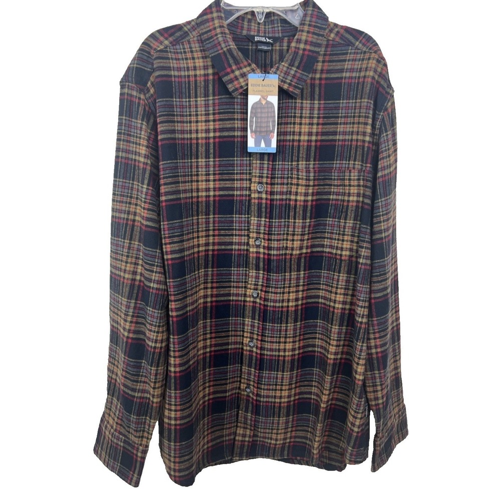 Eddie Bauer Mens Flannel Shirt Sz Large Plaid Long Sleeve Button Cotton Brown G5